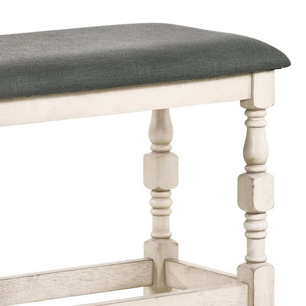 Benjara Swan 51 Inch Counter Height Bench, Gray Padded Seat, Ivory Turned Legs