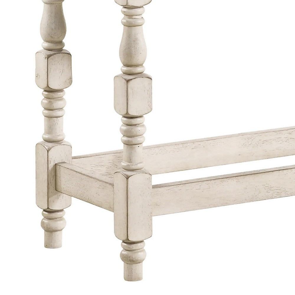 Benjara Swan 51 Inch Counter Height Bench, Gray Padded Seat, Ivory Turned Legs