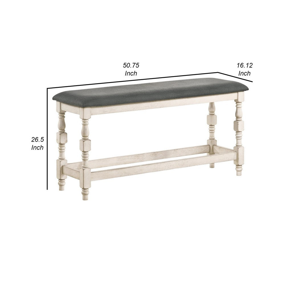 Benjara Swan 51 Inch Counter Height Bench, Gray Padded Seat, Ivory Turned Legs
