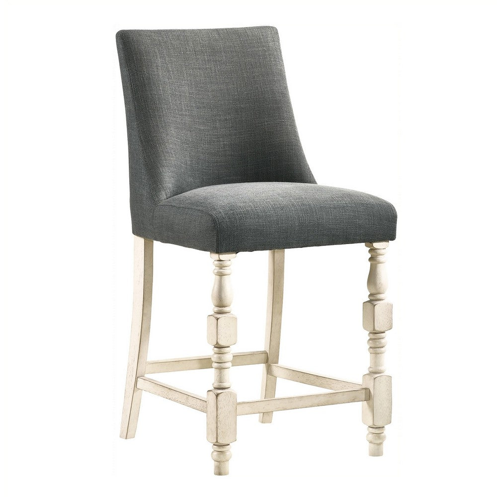Benjara Swan 26 Inch Counter Height Chair, Set of 2, Gray Seat, Ivory Turned Legs