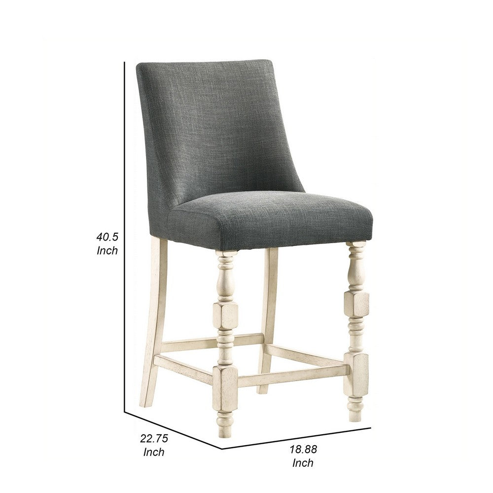 Benjara Swan 26 Inch Counter Height Chair, Set of 2, Gray Seat, Ivory Turned Legs