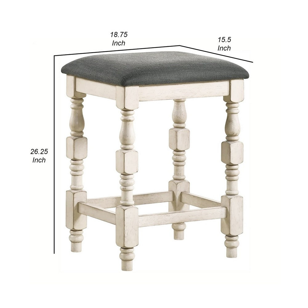 Benjara Swan 26 Inch Counter Height Stool, Set of 2, Gray Padded Seat, Turned Legs