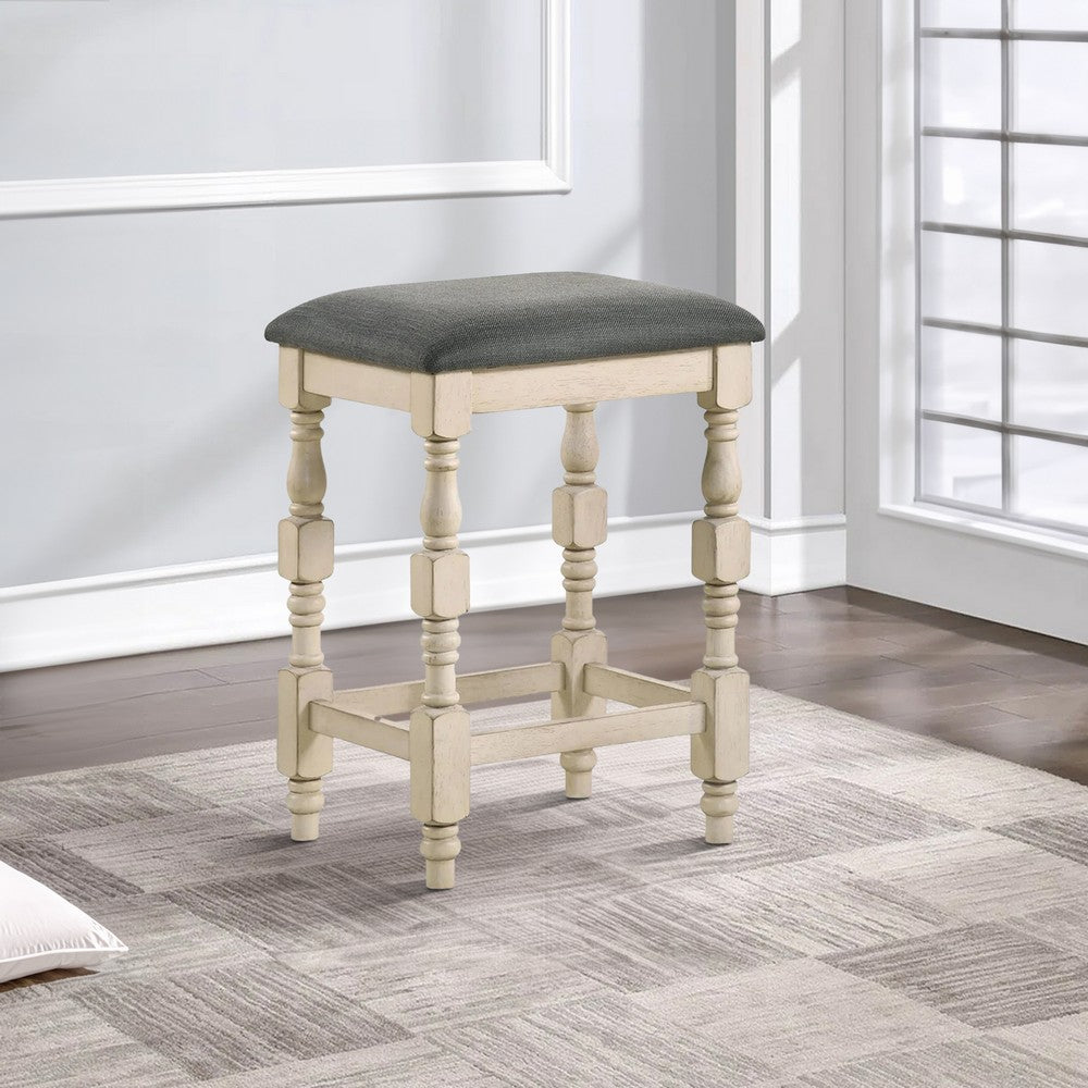 Benjara Swan 26 Inch Counter Height Stool, Set of 2, Gray Padded Seat, Turned Legs