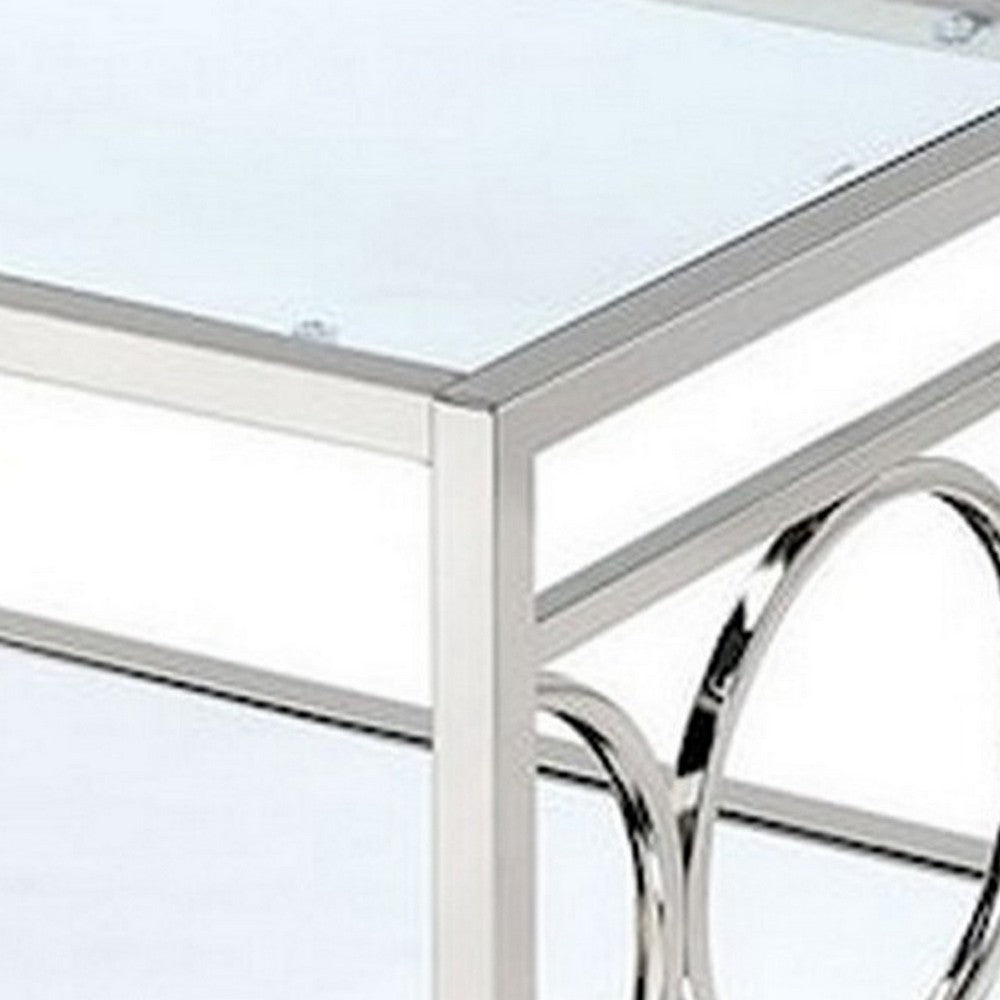 Benjara Paire 47 Inch Coffee Table, Glass Top, Mirrored Bottom Shelf, Metal Accents