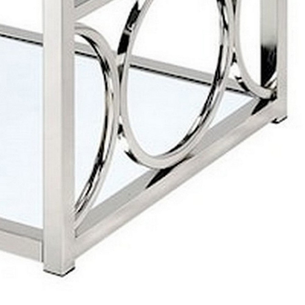 Benjara Paire 47 Inch Coffee Table, Glass Top, Mirrored Bottom Shelf, Metal Accents