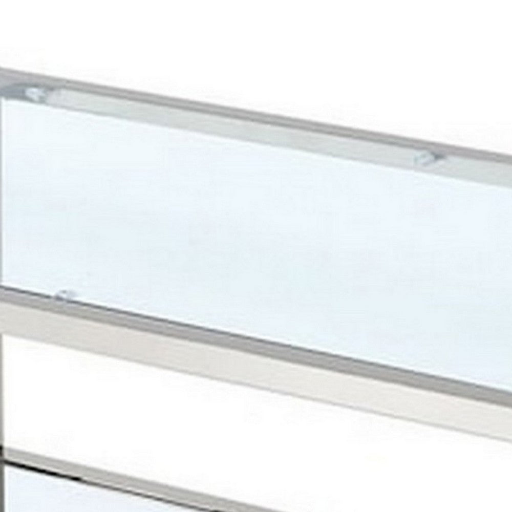 Benjara Paire 47 Inch Coffee Table, Glass Top, Mirrored Bottom Shelf, Metal Accents