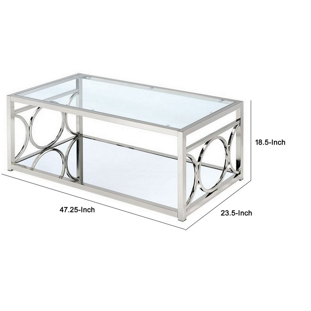 Benjara Paire 47 Inch Coffee Table, Glass Top, Mirrored Bottom Shelf, Metal Accents