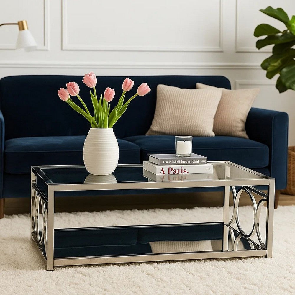 Benjara Paire 47 Inch Coffee Table, Glass Top, Mirrored Bottom Shelf, Metal Accents