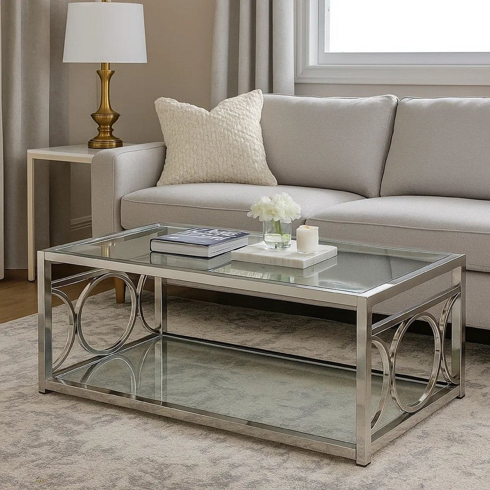 Benjara Paire 47 Inch Coffee Table, Glass Top, Mirrored Bottom Shelf, Metal Accents