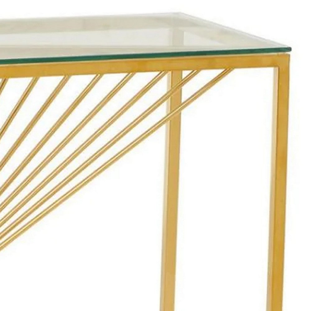 Benjara Glen 47 Inch Sofa Console Table, Tempered Glass Top, Twisted Slatted Design