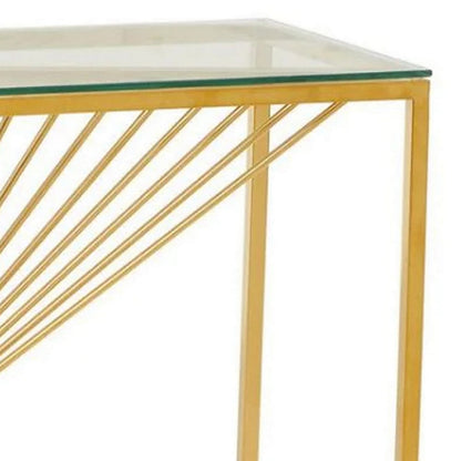 Benjara Glen 47 Inch Sofa Console Table, Tempered Glass Top, Twisted Slatted Design
