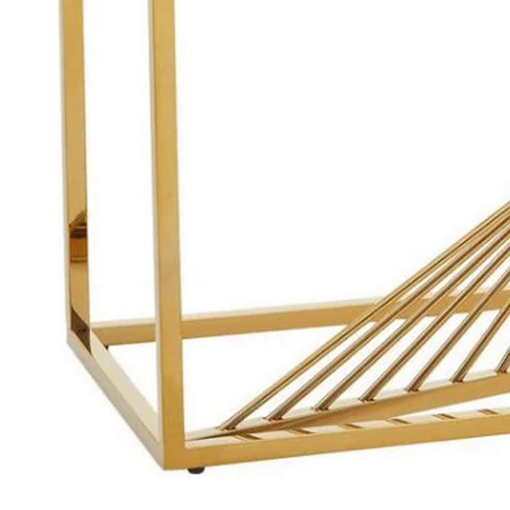 Benjara Glen 47 Inch Sofa Console Table, Tempered Glass Top, Twisted Slatted Design