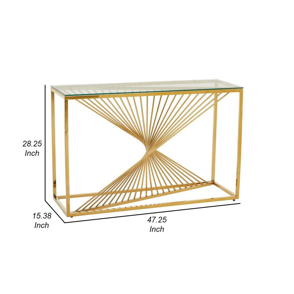 Benjara Glen 47 Inch Sofa Console Table, Tempered Glass Top, Twisted Slatted Design