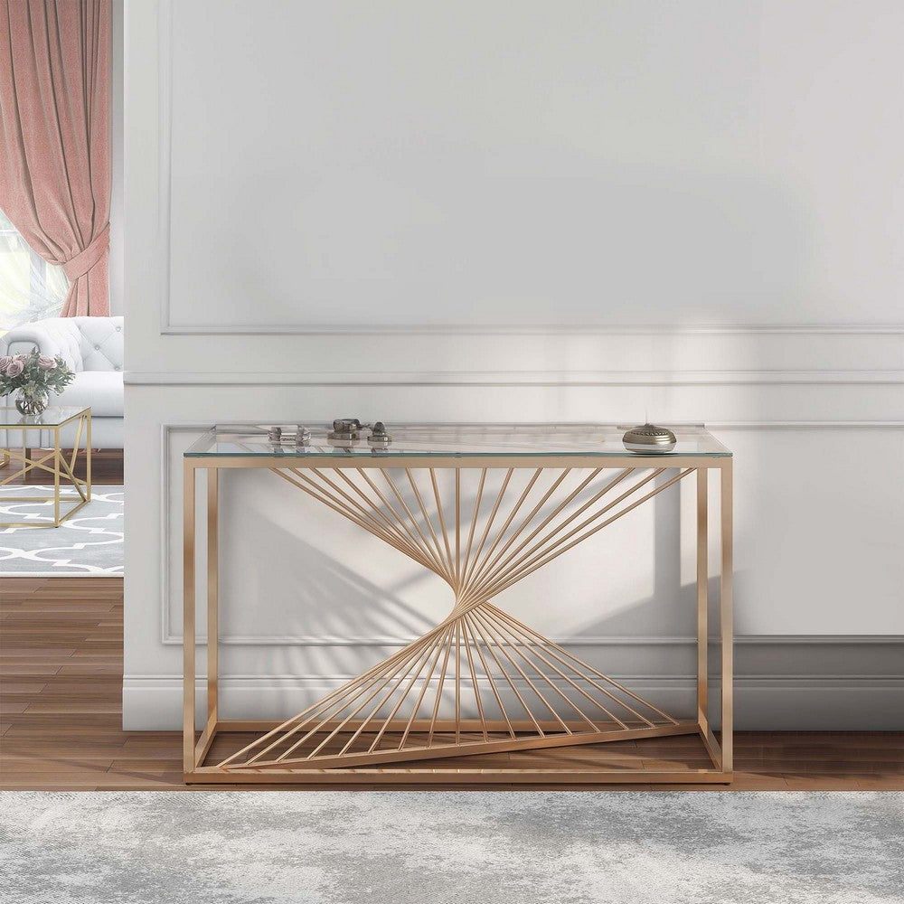 Benjara Glen 47 Inch Sofa Console Table, Tempered Glass Top, Twisted Slatted Design