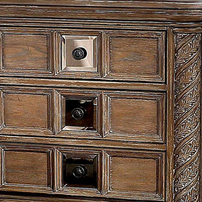 Benjara Isac 30 Inch Nightstand, 3 Gliding Drawers, Carved Faux Wood, Rustic Brown