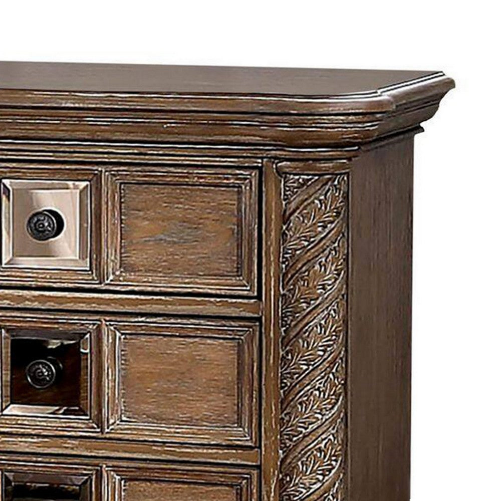 Benjara Isac 30 Inch Nightstand, 3 Gliding Drawers, Carved Faux Wood, Rustic Brown