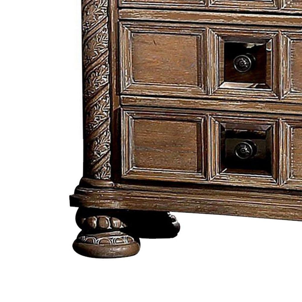 Benjara Isac 30 Inch Nightstand, 3 Gliding Drawers, Carved Faux Wood, Rustic Brown