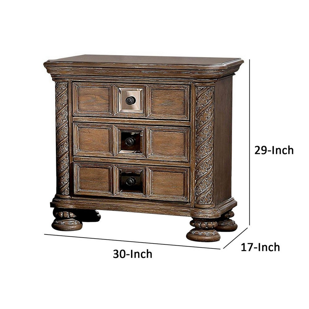 Benjara Isac 30 Inch Nightstand, 3 Gliding Drawers, Carved Faux Wood, Rustic Brown