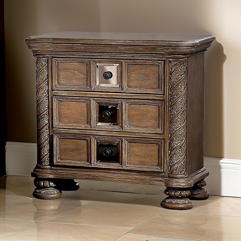 Benjara Isac 30 Inch Nightstand, 3 Gliding Drawers, Carved Faux Wood, Rustic Brown