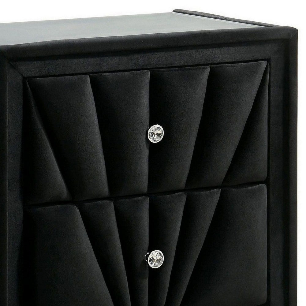 Benjara Ino 28 Inch Modern Nightstand, Velvet Upholstery, Art Deco Style, Black