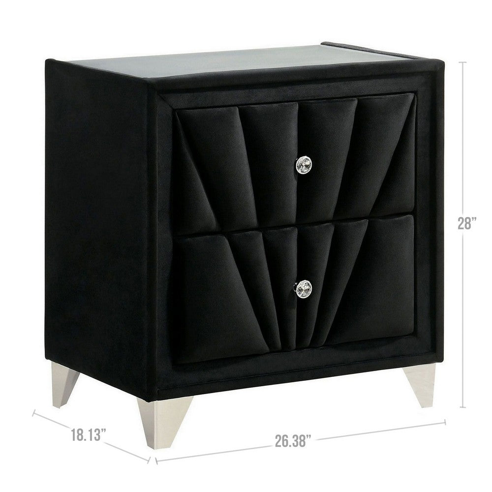 Benjara Ino 28 Inch Modern Nightstand, Velvet Upholstery, Art Deco Style, Black