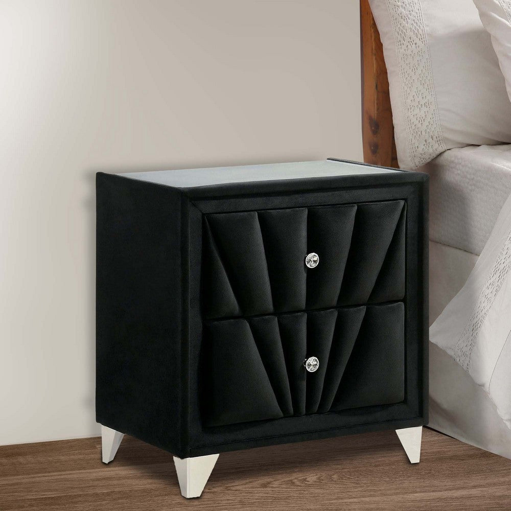 Benjara Ino 28 Inch Modern Nightstand, Velvet Upholstery, Art Deco Style, Black