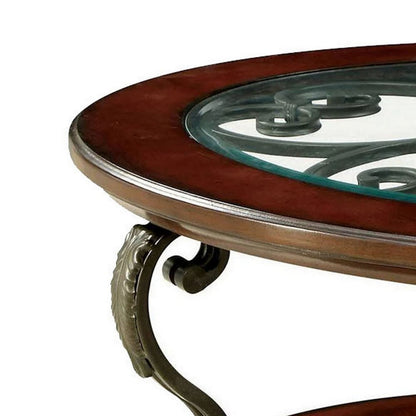 Benjara 48 Inch Oval Coffee Table, Glass Top, Scrolled Metal Legs, Cherry Brown