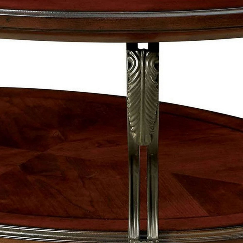 Benjara 48 Inch Oval Coffee Table, Glass Top, Scrolled Metal Legs, Cherry Brown