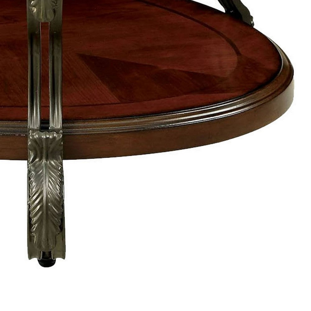 Benjara 48 Inch Oval Coffee Table, Glass Top, Scrolled Metal Legs, Cherry Brown