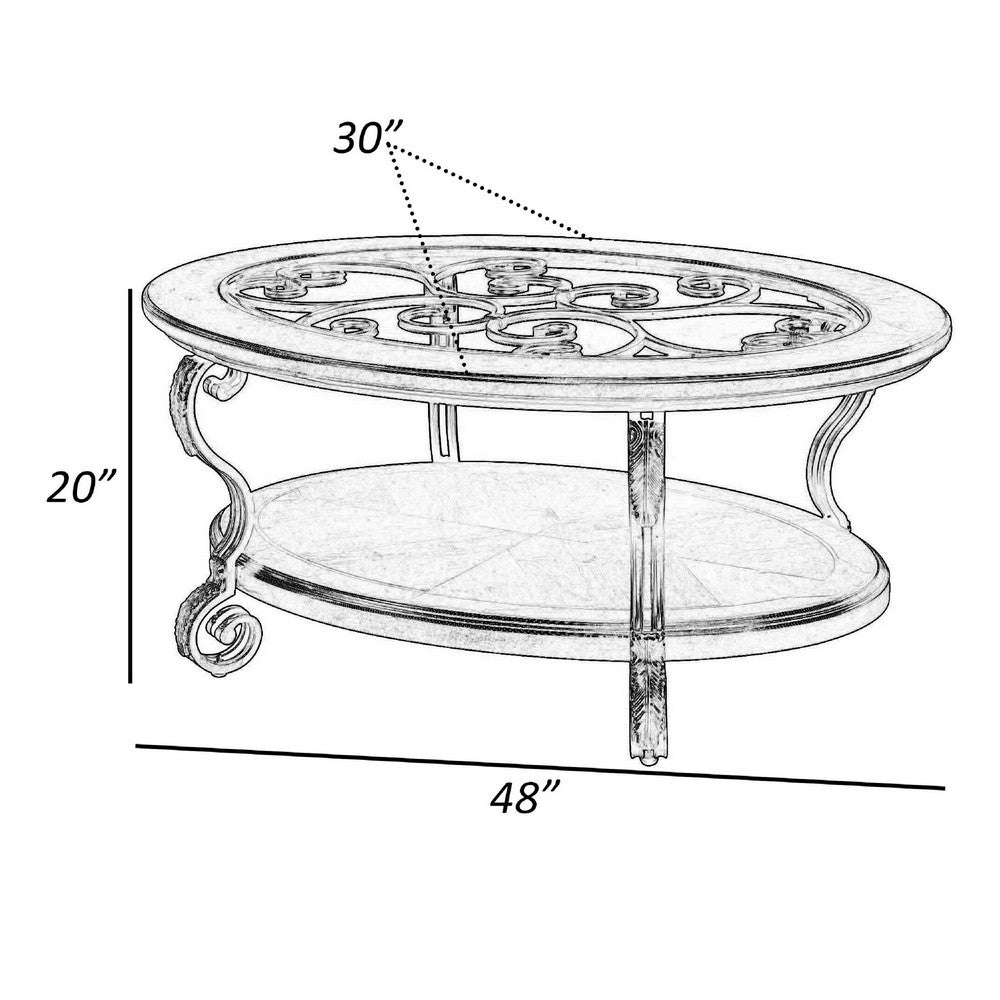 Benjara 48 Inch Oval Coffee Table, Glass Top, Scrolled Metal Legs, Cherry Brown