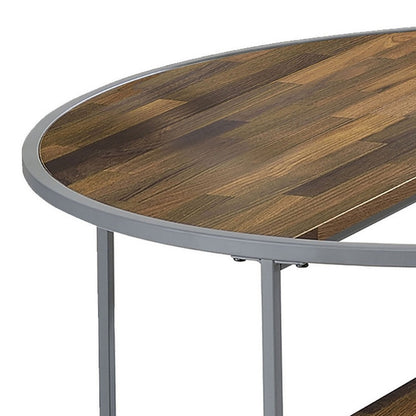 Benjara Lenn 35 Inch 3 Tier Round Brown Coffee Table, Half Shelf Design, Gray Frame
