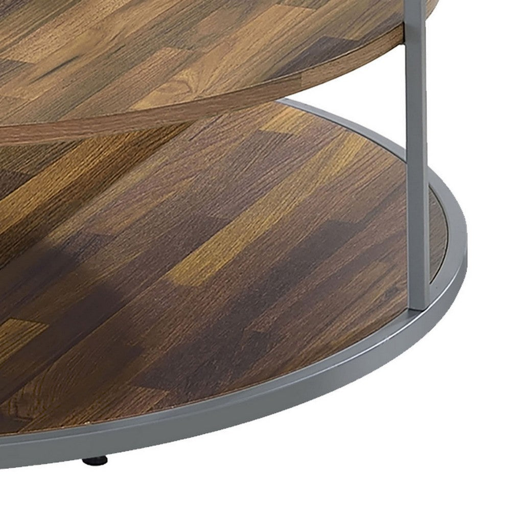 Benjara Lenn 35 Inch 3 Tier Round Brown Coffee Table, Half Shelf Design, Gray Frame