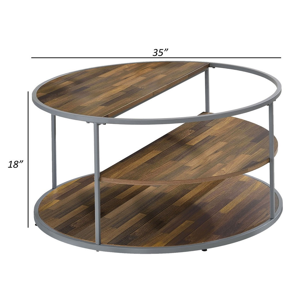 Benjara Lenn 35 Inch 3 Tier Round Brown Coffee Table, Half Shelf Design, Gray Frame