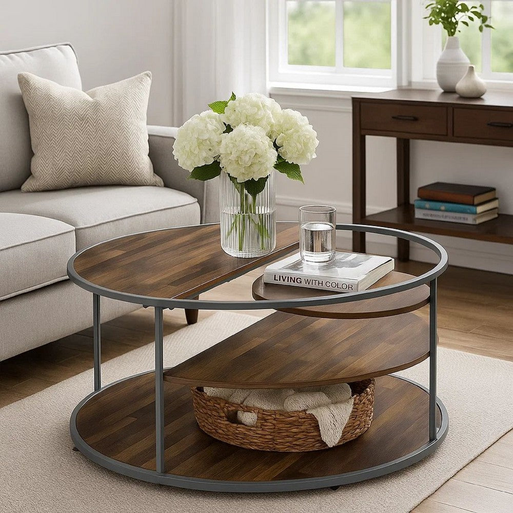 Benjara Lenn 35 Inch 3 Tier Round Brown Coffee Table, Half Shelf Design, Gray Frame