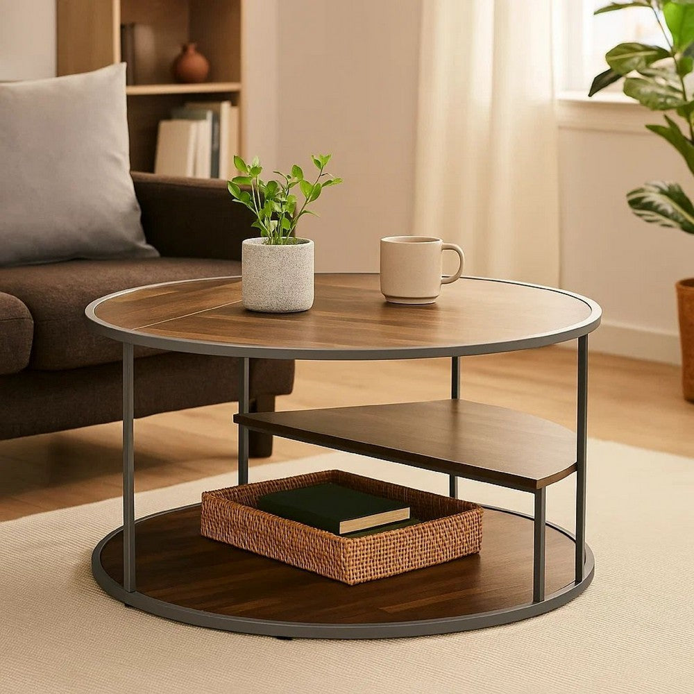 Benjara Lenn 35 Inch 3 Tier Round Brown Coffee Table, Half Shelf Design, Gray Frame