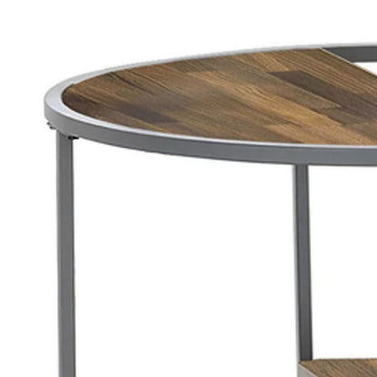 Benjara Lenn 24 Inch 3 Tier Round Brown Side End Table, Half Shelf, Gray Frame