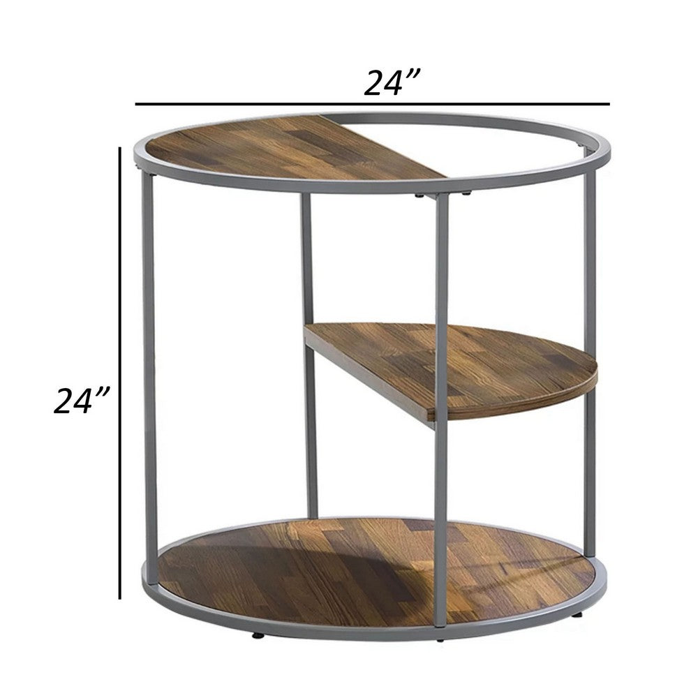 Benjara Lenn 24 Inch 3 Tier Round Brown Side End Table, Half Shelf, Gray Frame