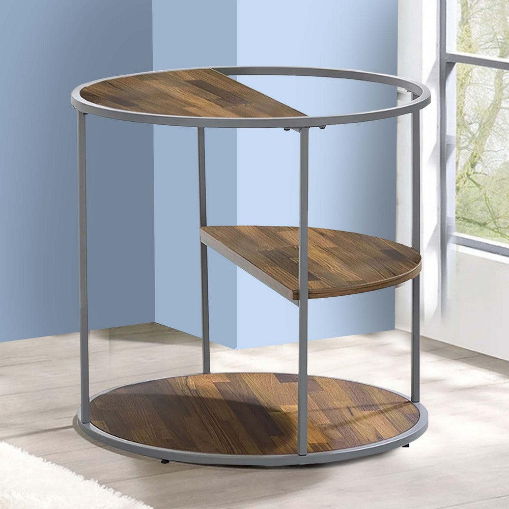 Benjara Lenn 24 Inch 3 Tier Round Brown Side End Table, Half Shelf, Gray Frame