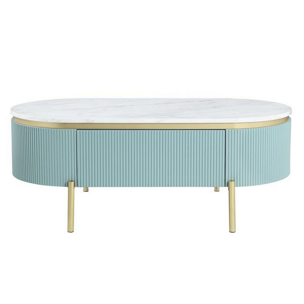 Benjara Ville 48 Inch Oblong Coffee Table, White Faux Marble Top, Teal Reeded Edges