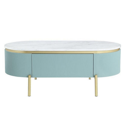 Benjara Ville 48 Inch Oblong Coffee Table, White Faux Marble Top, Teal Reeded Edges