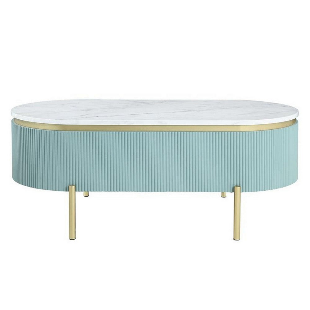 Benjara Ville 48 Inch Oblong Coffee Table, White Faux Marble Top, Teal Reeded Edges