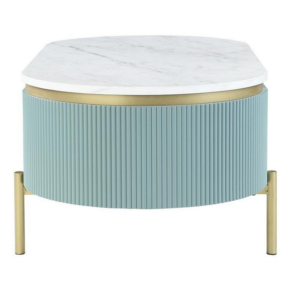 Benjara Ville 48 Inch Oblong Coffee Table, White Faux Marble Top, Teal Reeded Edges