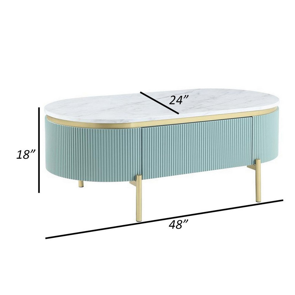 Benjara Ville 48 Inch Oblong Coffee Table, White Faux Marble Top, Teal Reeded Edges