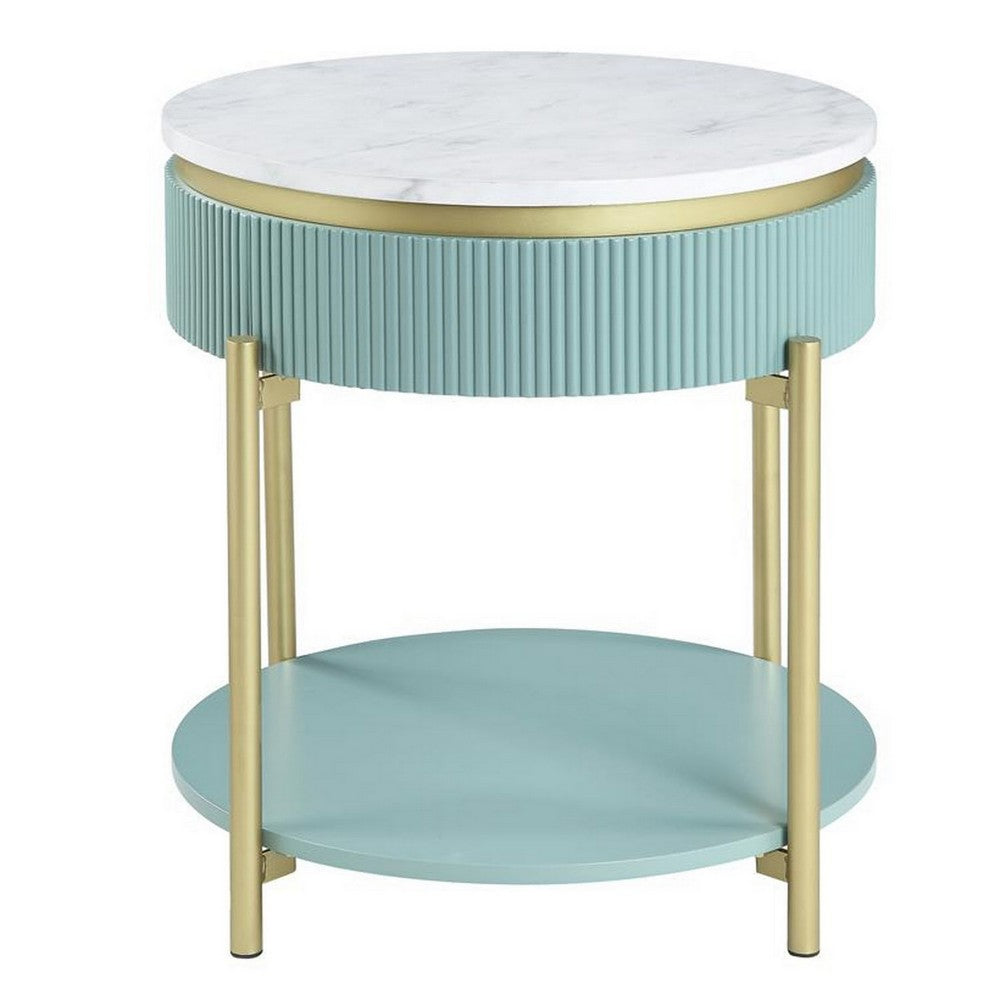 Benjara Ville 23 Inch Round Side End Table, White Faux Marble Top, Teal Reeded Edge