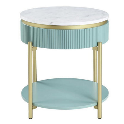 Benjara Ville 23 Inch Round Side End Table, White Faux Marble Top, Teal Reeded Edge