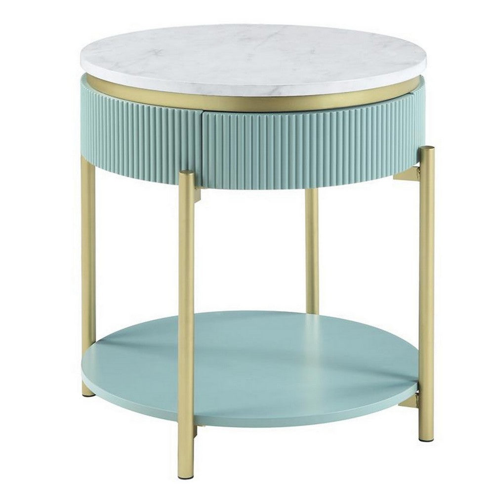 Benjara Ville 23 Inch Round Side End Table, White Faux Marble Top, Teal Reeded Edge