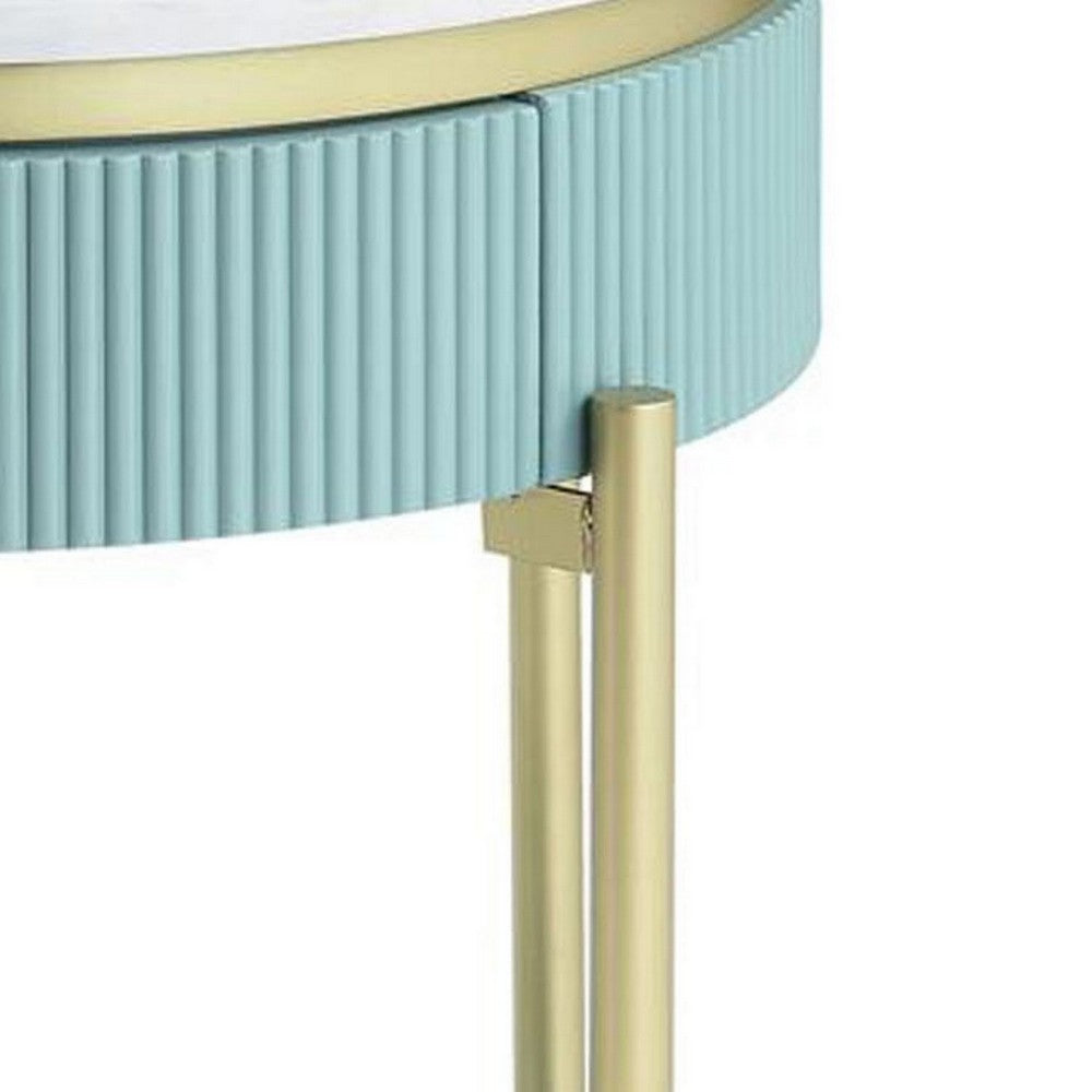 Benjara Ville 23 Inch Round Side End Table, White Faux Marble Top, Teal Reeded Edge