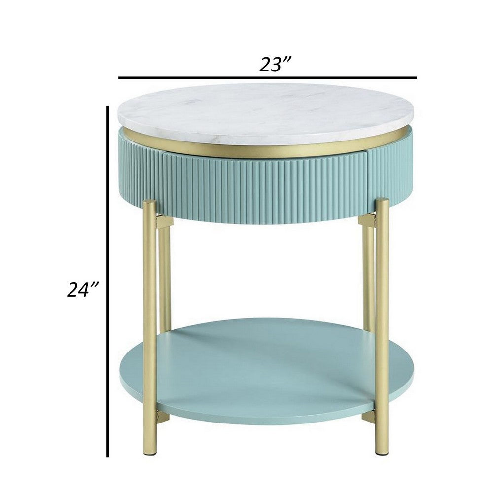 Benjara Ville 23 Inch Round Side End Table, White Faux Marble Top, Teal Reeded Edge