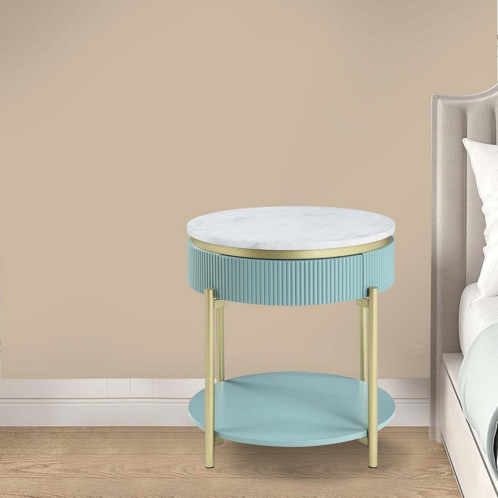 Benjara Ville 23 Inch Round Side End Table, White Faux Marble Top, Teal Reeded Edge