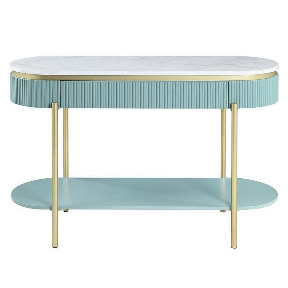 Benjara Ville 48 Inch Sofa Console Table, White Faux Marble Top, Teal Reeded Edge